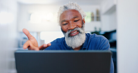 Senior, black man and video call on laptop in home for voip communication, social networking and chat. Elderly guy speaking on computer for virtual conversation, online contact and digital connection - Powered by Adobe