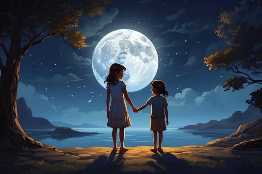 An image of a serene moonlit night with shadows of boy and girl, hinting at the depth of their love amid the mysterie