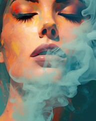 Ethereal Minimalistic Portrait in Faded Tones - Contemporary PopArt Fine Art of a Woman's Face Engulfed in coloured Smoke. Generative AI