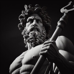 The mighty god of the sea and oceans Neptune (Poseidon) The ancient statue isolated on black background.