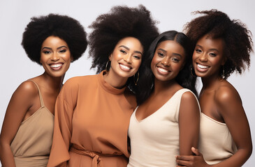 Fototapeta premium A Group of Women with Stunning Beautiful and Healthy Skin, and Beautiful hair and Teeth, Radiant Group of Black Women: Healthy Skin, Beautiful Hair, Stunning Smiles