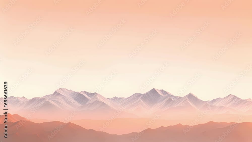 Poster minimalistic view of a serene peach colored mountain range, its peaks dusted with a soft layer of pe