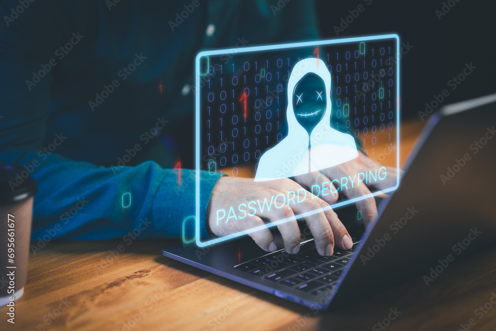 Poster Cyber security digital crime by an anonymous hacker concept. User use a laptop trying type the username and password. User sets an insecure password to the user's private data to access the internet.
