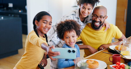 Selfie, food and a black family eating in the kitchen of their home together for health, diet or...