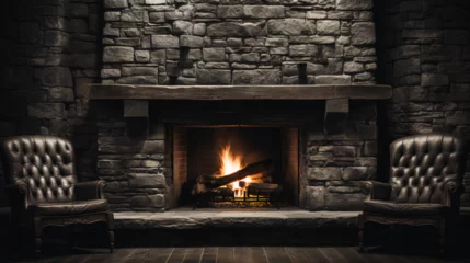 Foto op Canvas Log cabin - rustic stone fireplace - -resort - vacation - travel - holiday - trip travel - fire © Jeff
