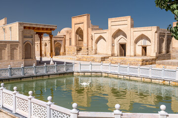 Pool with a swan in necropolis Chor-Bakr in Bukhara, Uzbekistan.