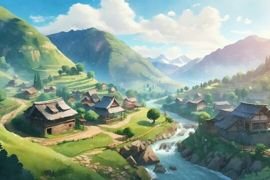Illustration of a small village situated on the mountain slope. Digital Painting Illustration Style. Seamless Looping Time-Lapse Video Animation Background