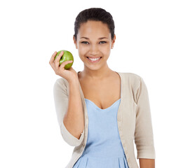 Portrait, apple and happy woman in studio with healthy food choice, healthcare or nutrition...