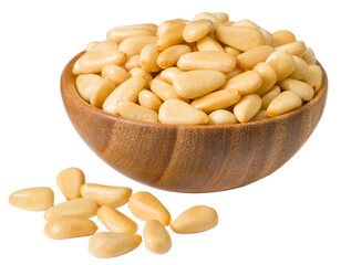 Roasted pine nuts in the wooden bowl,a isolated on the white background.