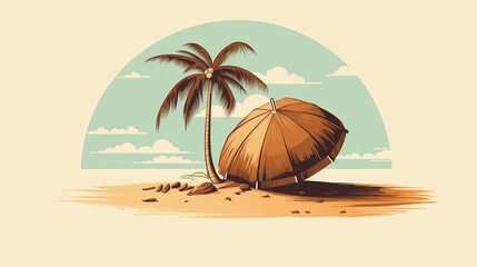 A tropical and refreshing illustration featuring a coconut shell with a straw and an umbrella, creating a laid-back and beachy vibe - obrazy, fototapety, plakaty