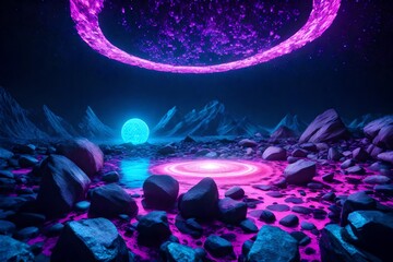 Fototapeta na wymiar Virtual reality, dark space, ultraviolet light, crystal mountains, rocks, ground, mysterious cosmic environment, abstract neon background, and pink-blue glowing ring.