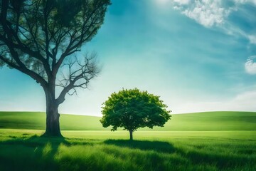 Fototapeta na wymiar A blue sky, a tree, and a green field. Fantastic as a web banner and background.