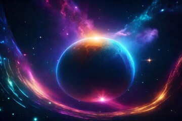 Abstract cosmic background with stars and nebulae in neon. fantasy scene of the future. Abstract futuristic space background with a planet, neon lights, and a frigid planet.