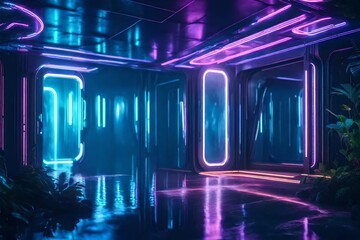 A light-clouded, futuristic dream environment. Scenery of nature with water reflecting neon lights. Galaxy doorway in neon space. three-dimensional drawing.