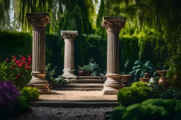 Fotobehang pillars and a garden scene wallpaper backdrop. © Amazing-World
