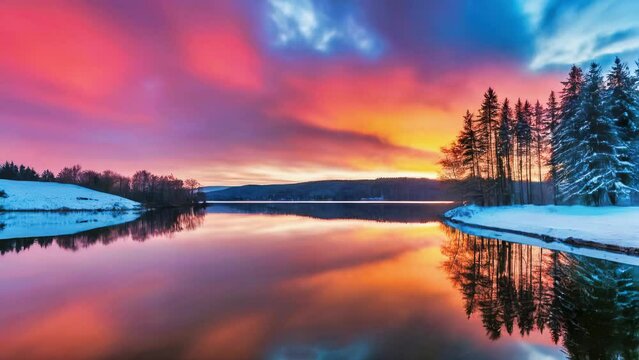 Enchanting winter landscape of dramatic sky reflections on the lake at sunset.