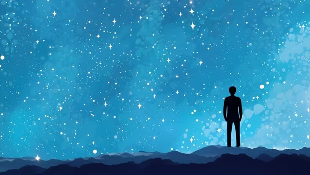 A person looking up at a starry night sky filled with a sense of yearning for soing beyond reach. Psychology art concept.