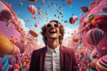 Fotobehang Happy young man experiencing a lighthearted moment in a whimsical, oversized candy world. © furyon