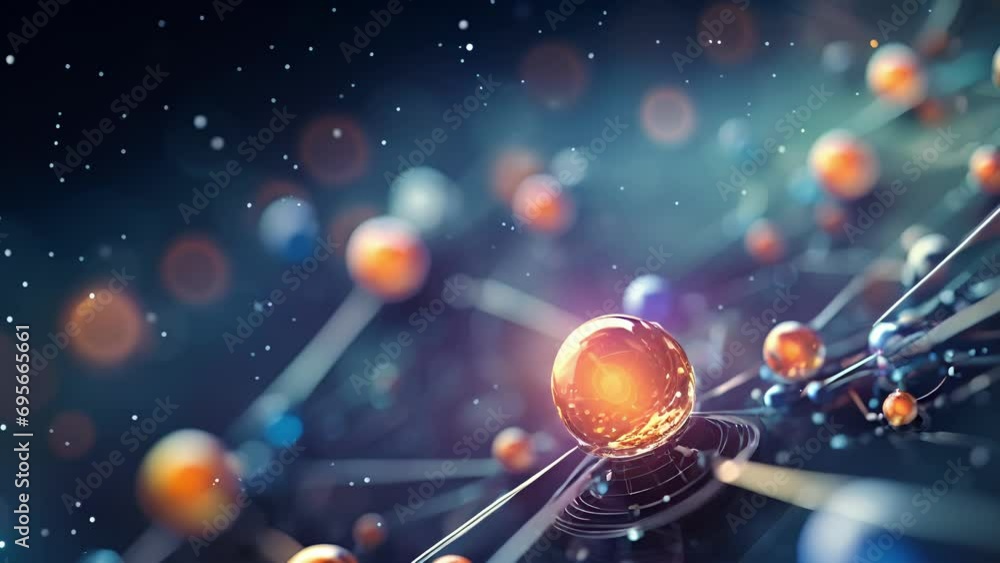 Poster closeup of a neutron, its surface dotted with tiny flashes of color as the quarks within shift and e