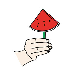 hand with red watermelon popsicle vector illustration