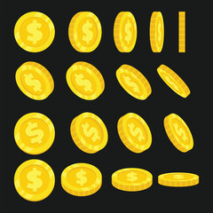 Cartoon Golden coin set collection with different view, Spin gold coin on white background, set of rotation icons at different angles for animation, business and commerce, payment and profit symbol.