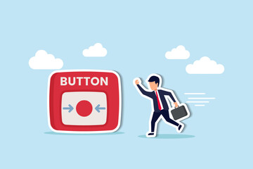 Push button call for emergency help, control or launch rocket, start new business or launch start up company concept, cautious businessman running in hurry to push red emergency button.