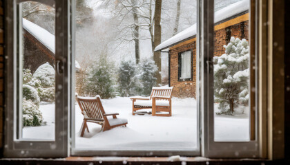 Snow-covered backyard with trees and outdoor furniture on a winter day