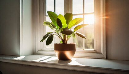 Indoor plant on sunny window sill, home decor, greenery in natural light, cozy ambiance, interior design element