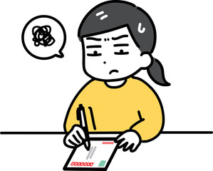 困った顔でハガキを書く私服の若い女性(上半身)