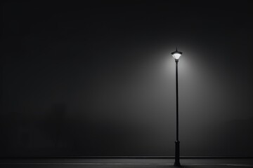 Minimalist black and white image of an isolated street lamp, focusing on loneliness and light. - obrazy, fototapety, plakaty