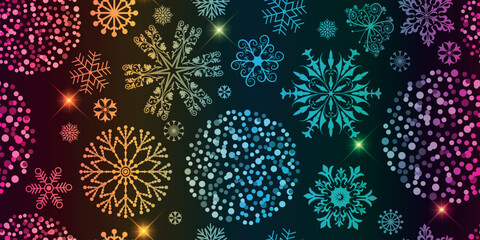 Vector seamless festive pattern with rainbow gradient balls and snowflakes and stars on a black background - obrazy, fototapety, plakaty
