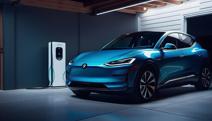 Electric car charging at home in the night