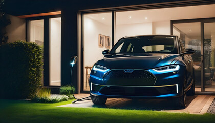 Electric car charging at home in the night