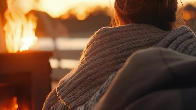 Closeup of a cozy blanket dd over someones shoulders, keeping them warm as they sit by the bonfire and watch the moonlit lake.