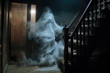 Fototapeta na wymiar Photo capturing the ghosting effect in a haunted house setting, creating a spooky atmosphere.