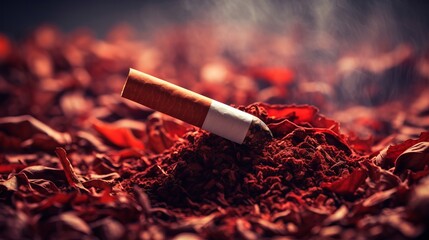 A cigarette sitting on top of a pile of tobacco leaves - obrazy, fototapety, plakaty