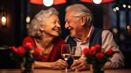 Romantic senior couple celebrating Saint Valentine's Day at home. Beautiful woman and handsome man...