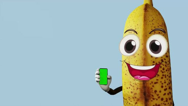 Cute 3D banana character standing, holding a green screen phone. Adorable animated concept for creative projects