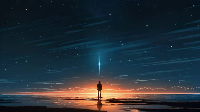 A person standing alone on a beach at night looking up at the stars representing the idea of being connected Psychology art concept.