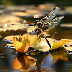Dragonfly perched on a water lily in a pond, bathed in golden sunlight.