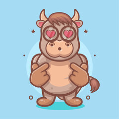kawaii bull animal character mascot with love sign hand gesture isolated cartoon