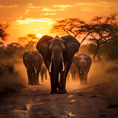 Elephant herd grazing in the golden light of an African sunset.
