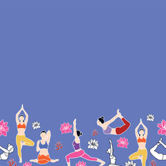 Yoga poses have a seamless pattern background with women in yoga poses. Great for healthy lifestyle and workout-inspired products, fabrics, packaging, and wallpaper projects. Healthy lifestyle.