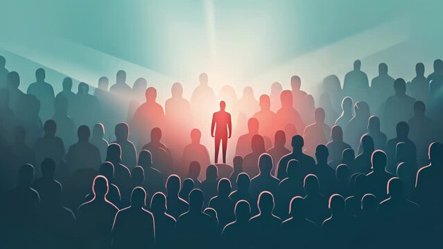 A person with social anxiety a spotlight shining brightly on them in a huge crowd. Psychology art concept.