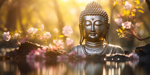 Glowing buddha face statue in zen garden with green nature - obrazy, fototapety, plakaty