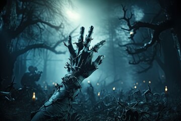Zombie Hand Rising: A Macabre Night in the Spooky Graveyard - obrazy, fototapety, plakaty