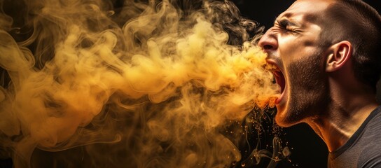 Fiery Outburst: An Intense Portrait of a Man Expressing Frustration and Rage, Blowing Flames Out of His Mouth in an Explosive Display of Emotional Heat. - obrazy, fototapety, plakaty