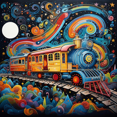 Whimsical Train Journey: Naive Style Painting in Colorful Abstract Universe
