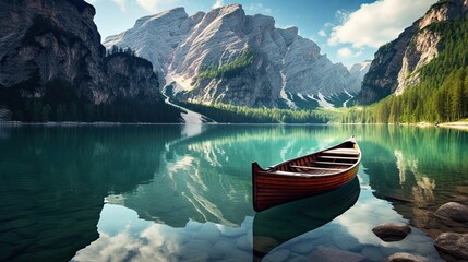 Obraz premium Lake Prags reflecting mountains Dolomites Italy