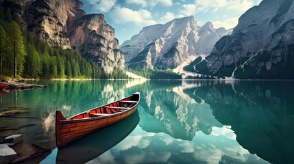 Lake Prags reflecting mountains Dolomites Italy